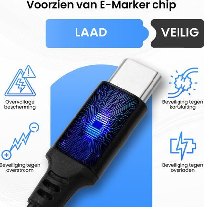 USB-C kabel met E-Marker chip voor veilig laden en bescherming tegen overbelasting