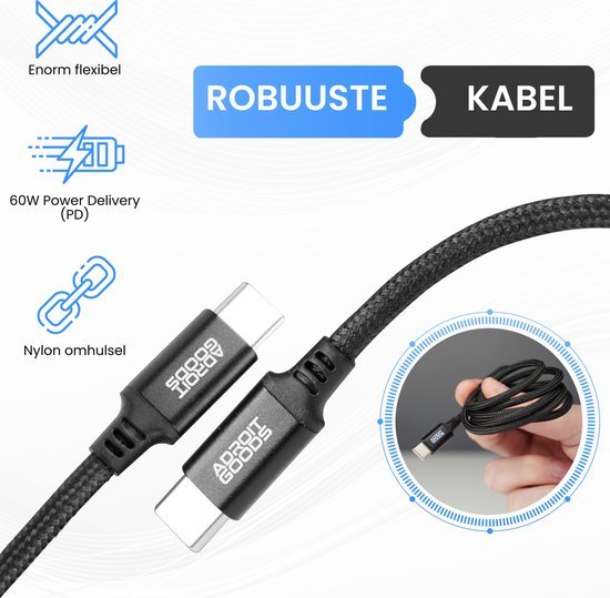 Stevige USB-C kabel met nylon bescherming en Power Delivery snelladen