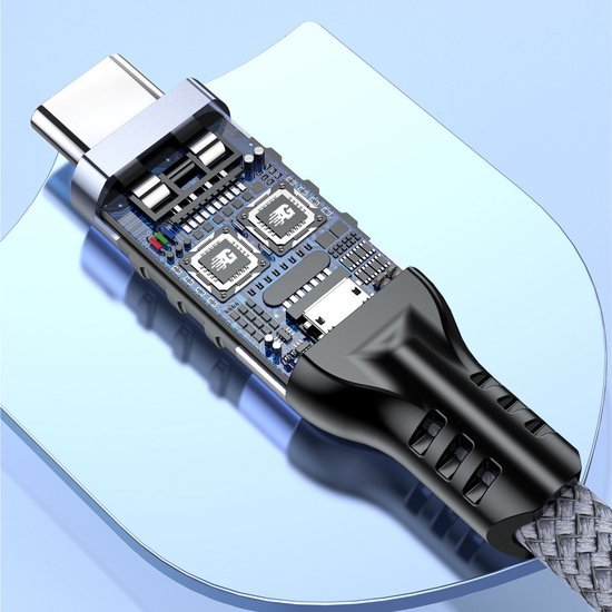 USB-C-kabel met transparante behuizing die interne elektronische componenten en printplaten toont