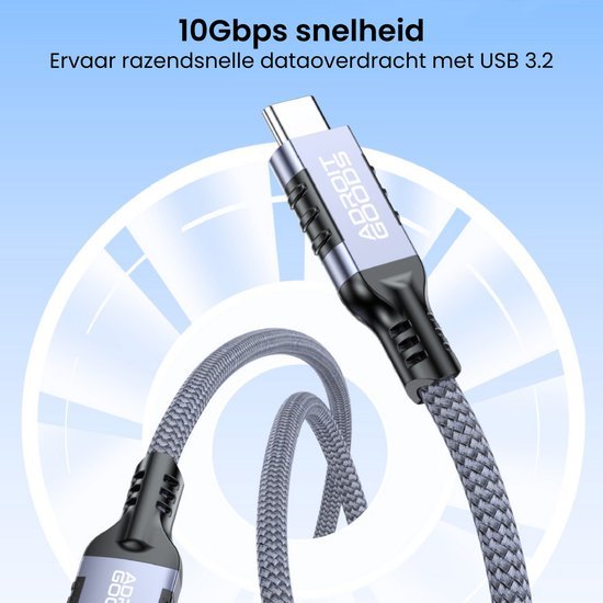 Grijs gevlochten USB 3.2 kabel met snelle dataoverdracht tot 10Gbps in moderne stijl