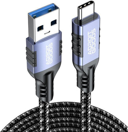 Zwarte gevlochten kabel met USB-A en USB-C connectoren en blauwe behuizing AdroitGoods