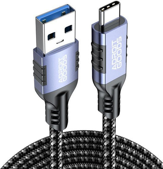 Zwarte gevlochten kabel met USB-A en USB-C connectoren en blauwe behuizing AdroitGoods