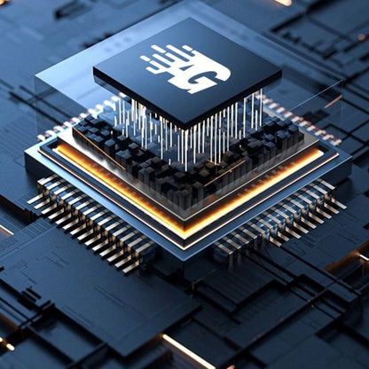 Close-up van een geavanceerde computerchip met oplichtende lagen en een zwart microprocessorblok.