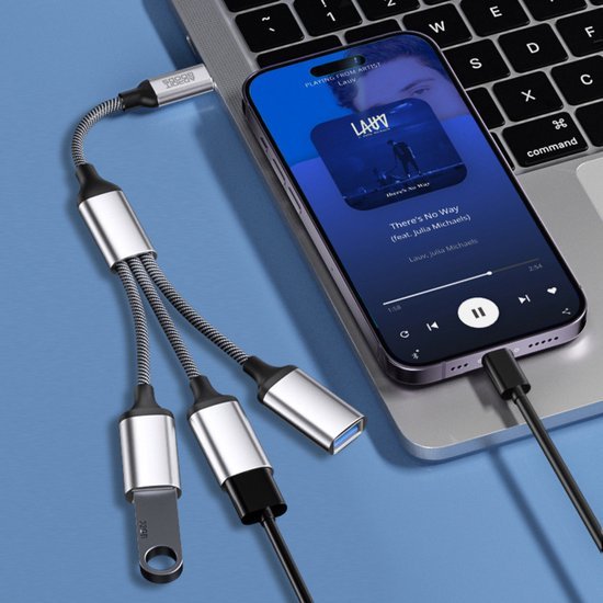 Meerdere zilverkleurige adapters met verschillende aansluitingen verbonden aan een laptop en telefoon.