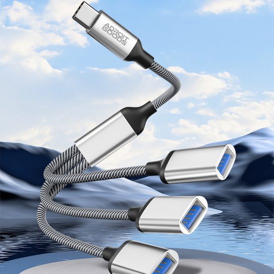 Flexibele zwarte en zilveren USB-C naar meerdere USB-A poort aansluitkabel in de natuur