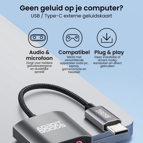 USB Type-C externe geluidskaart met audio, microfoon en plug & play functionaliteit
