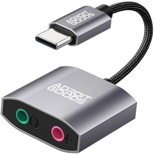 AdroitGoods USB-C naar audio-adapter met microfoon en koptelefoonaansluiting in aluminium behuizing