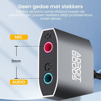 Close-up van Adroit Goods audioconnectie met 9mm afstand tussen mic en audio poorten