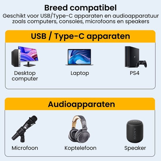 Illustratie van compatibele USB/Type-C en audioapparaten zoals desktop, laptop, PS4, microfoon, koptelefoon en speaker