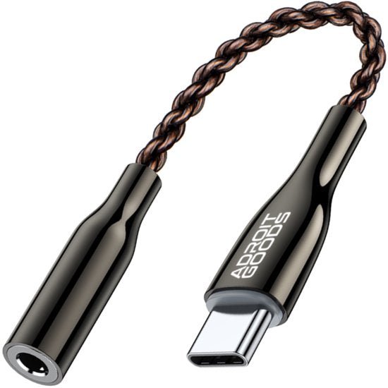 Zwart USB-C naar 3,5 mm audioadapter met gevlochten kabel en glanzende afwerking