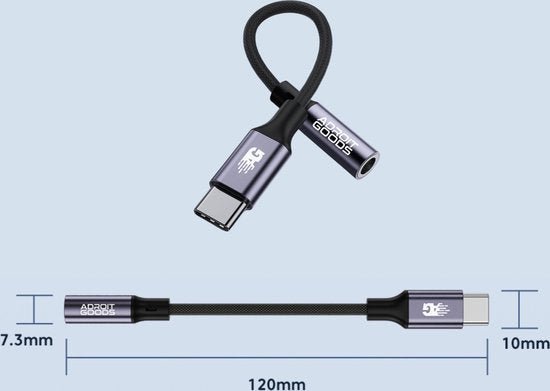 Grijs zwarte AdroitGoods USB-C adapter met kabel van 12 cm en metalen behuizing