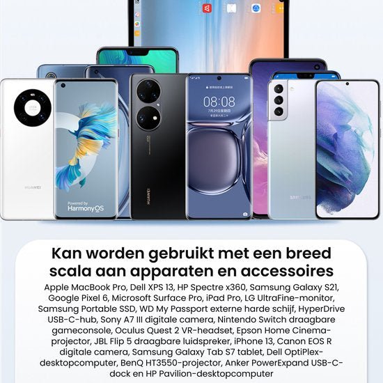 Een reeks smartphones en een tablet in verschillende kleuren en ontwerpen naast elkaar geplaatst.