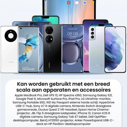 Een reeks smartphones en een tablet in verschillende kleuren en ontwerpen naast elkaar geplaatst.