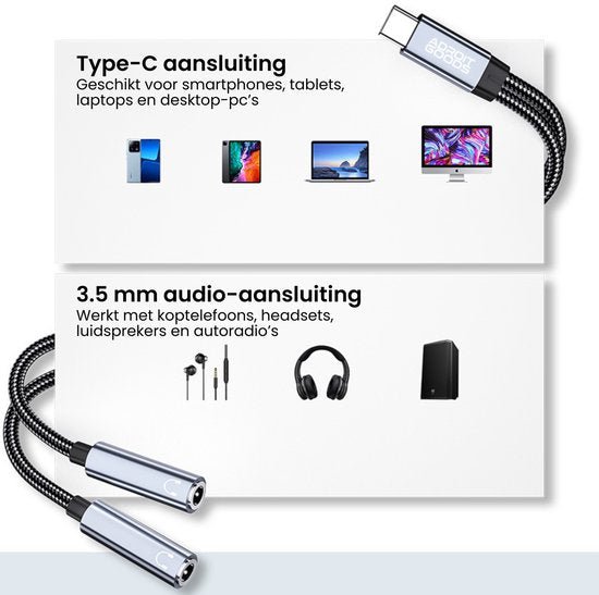 Type-C naar 3,5 mm audiokabel geschikt voor smartphones, tablets, laptops en hoofdtelefoons