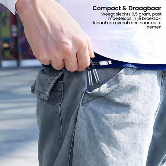 Hand die compact en draagbaar apparaat gemakkelijk in een broekzak stopt tijdens buitengebruik.