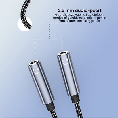 Twee metalen 3,5 mm audio-aansluitingen met gevlochten kabel en duidelijk symbool.