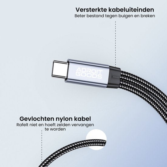 Close-up van een gevlochten nylon kabel met versterkte kabeluiteinden en metalen connectoren