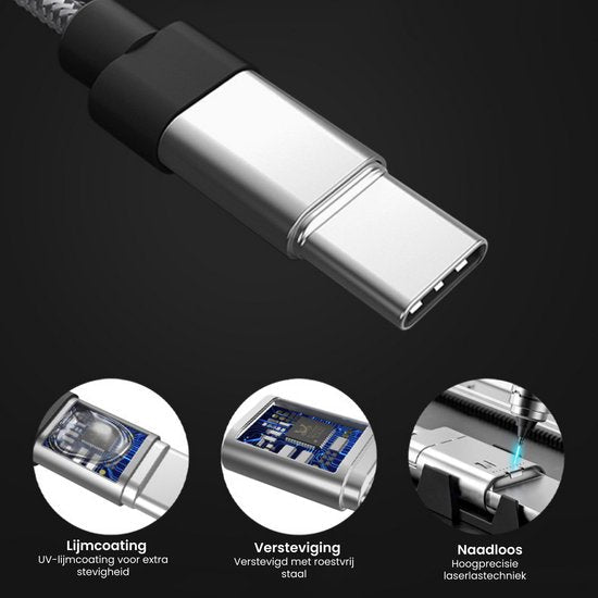 Close-up van een USB-C kabelconnector met lijmcoating, roestvrijstalen versterking en lasertechniek.