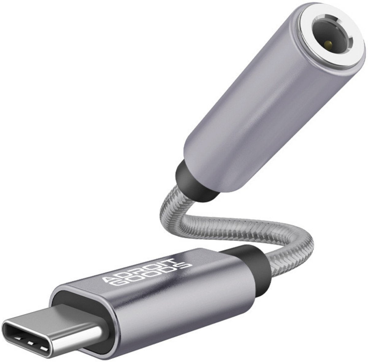 grijze AdroitGoods USB-C naar 3,5 mm hoofdtelefoonaansluiting met buigzame kabel