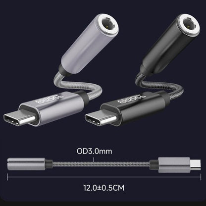 USB-C naar 3,5 mm audio adapterkabel in zwart en grijs met flexibele kabel