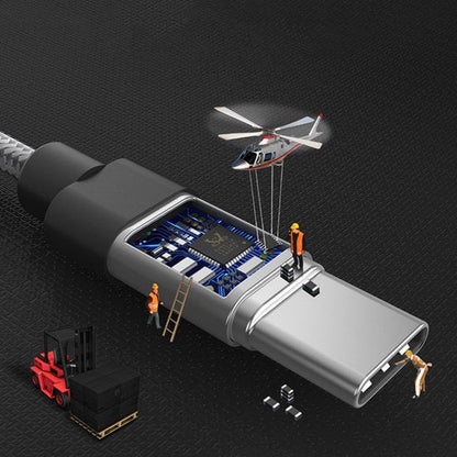 Miniatuurwerkers en helikopter werken samen aan een USB-C kabelchip in een creatieve scène
