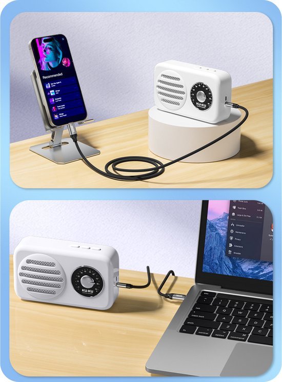 Witte retro-stijl speaker met draaiknop aangesloten op smartphone en laptop via kabels