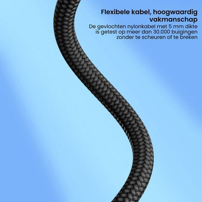 Zwarte gevlochten nylonkabel, flexibel en duurzaam, tegen frequente buigingen getest.