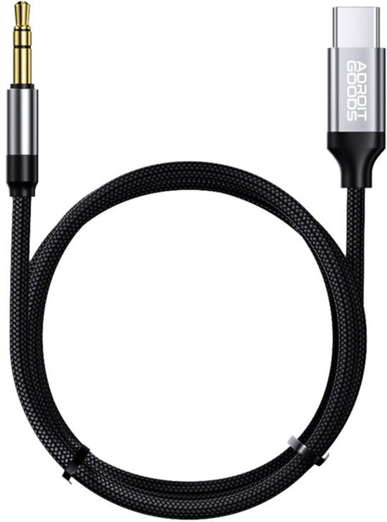 Zwarte gevlochten kabel met metalen 3,5mm jack en USB-C connector van AdroitGoods