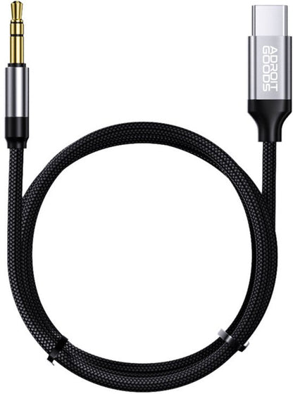 Zwarte gevlochten kabel met metalen 3,5mm jack en USB-C connector van AdroitGoods