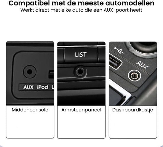 Drie close-up afbeeldingen van AUX-poorten in middenconsole, armsteunpaneel en dashboardkastje van auto’s