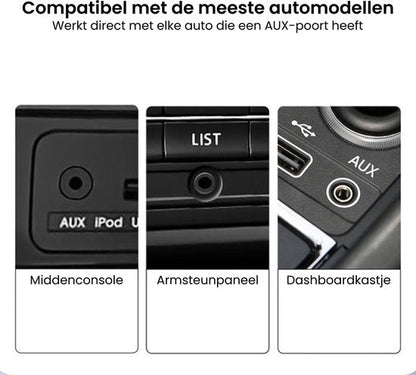 Drie close-up afbeeldingen van AUX-poorten in middenconsole, armsteunpaneel en dashboardkastje van auto’s