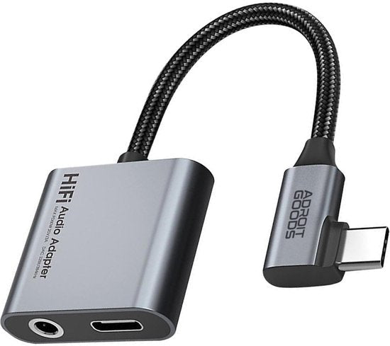 grijze audioadapter met usb-c aansluiting en hoofdtelefoonaansluiting van stevig gevlochten kabel