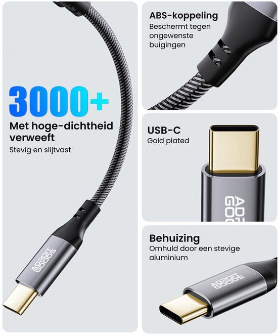 Duurzame USB-C-kabel met gevlochten hoes, ABS-koppeling en aluminium behuizing