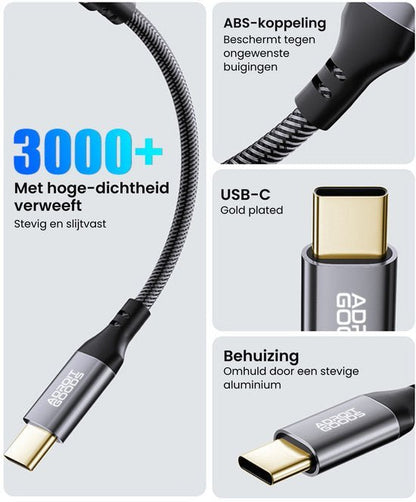 Duurzame USB-C-kabel met gevlochten hoes, ABS-koppeling en aluminium behuizing