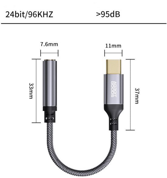 Adapterkabel met 24bit/96KHz audio en metalen behuizing van 33mm en 37mm lang