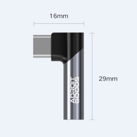 Compact hoekige USB-C adapter zwart met zilveren accent en merknaam Adroit Goods