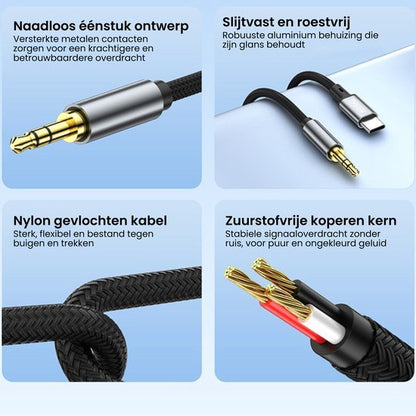 Details van een robuuste audioverbindingskabel met metalen connectoren en gevlochten nylon omhulsel