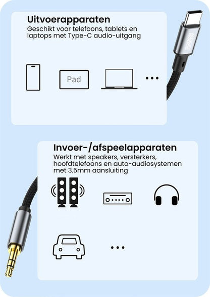 Adapterkabel met Type-C naar 3,5mm jack voor telefoons, tablets en audioapparaten.