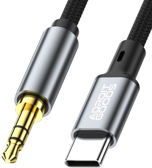 Zwarte gevlochten kabel met zilveren USB-C en 3,5 mm audio stekkers van AdroitGoods