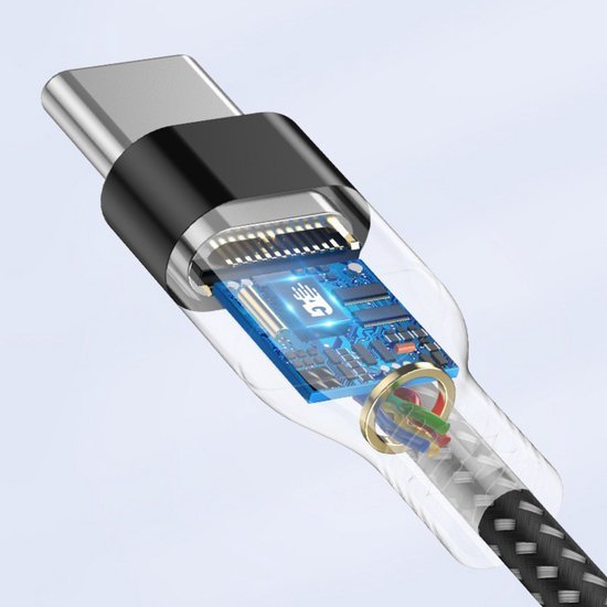 USB-C kabel met transparante behuizing en zichtbaar elektronisch circuit draadontwerp