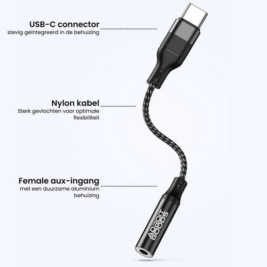Zwarte kabel met USB-C connector, nylon omhulsel en vrouwelijke aux-ingang van aluminium