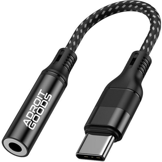 compact zwarte usb-c naar 3,5 mm jack adapterkabel met gevlochten beschermomhulsel