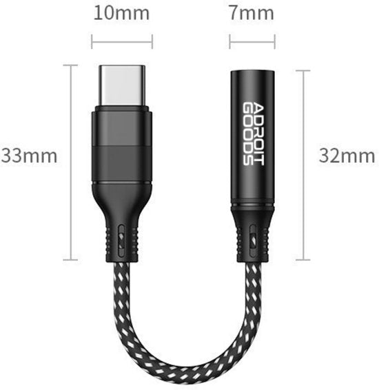 Zwarte korte kabeladapter met USB-C en 3,5 mm aansluiting en gevlochten design