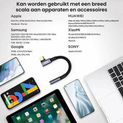 Flexibele zwarte adapterkabel naast diverse modellen smartphones en tablets van verschillende merken
