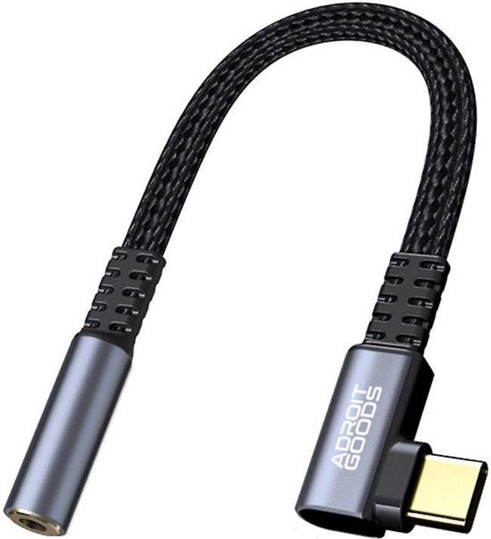 zwarte gevlochten adapterkabel met metalen behuizing en hoekige USB-C aansluiting