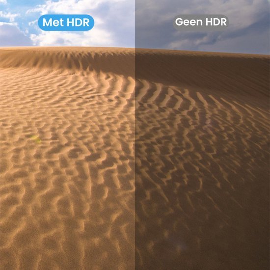 Zandduinen met helder blauwe lucht links en donkere schaduw rechts zonder HDR effect.