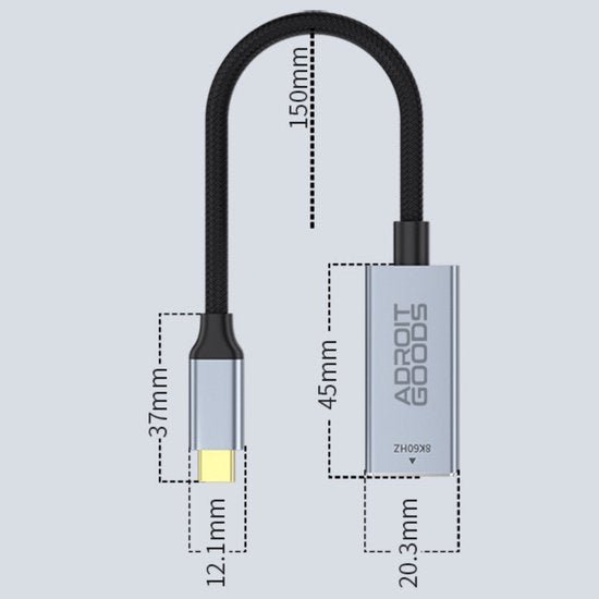 Afbeelding van zwart kabel met zilverkleurige behuizing en gedetailleerde afmetingen in millimeters