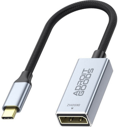 Zwarte gevlochten kabel met metalen AdroitGoods-adapter en USB-C-connector aan beide zijden