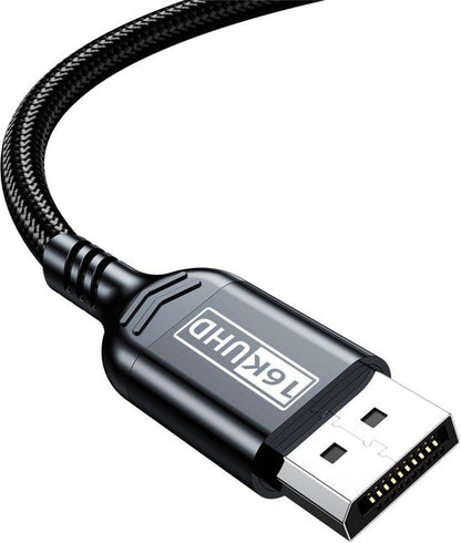 Zwart DisplayPort kabel met gevlochten buitenkant en metalen connector met 16K UHD label