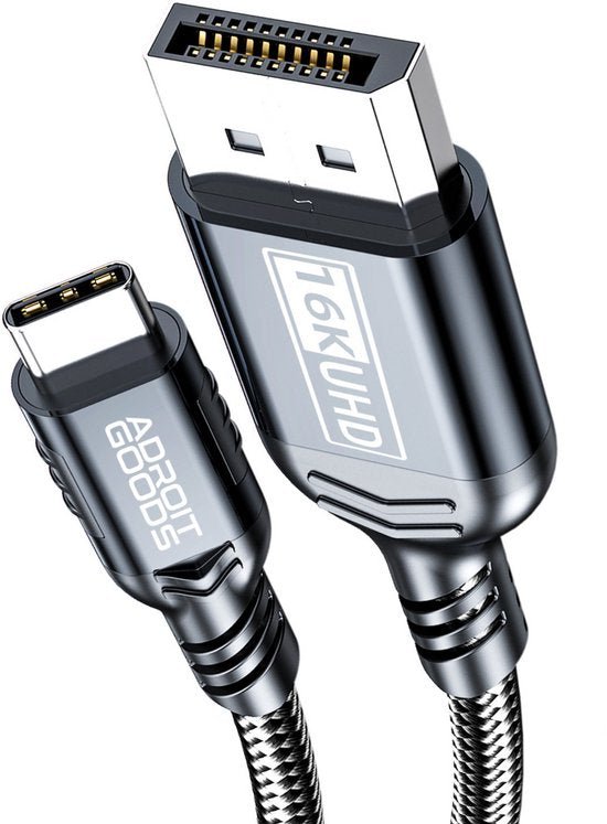 Zwarte hoogwaardige kabel met USB-C en HDMI connector, gelabeld 16K UHD en Adroit Goods logo.